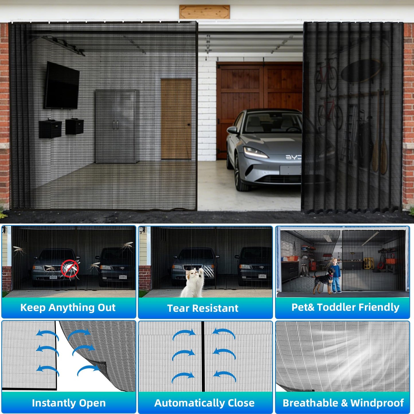 Sliding Garage Door Screen 2 Car with Track Closure,16x7Ft Garage Door Retractable Privacy Curtain Keep Annoying Animals Out Easy Install Heavy Duty Fiberglass Mesh for Opening Garage Aluminum Rail B1