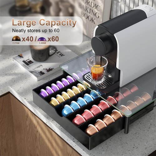 gianotter Crystal Tempered Glass Vertuo Pod Holder Drawer, Compatible with Nespresso Vertuo Capsules, Compatible with 40 Large or 60 Small Nespresso Capsule Organizer (transparent)