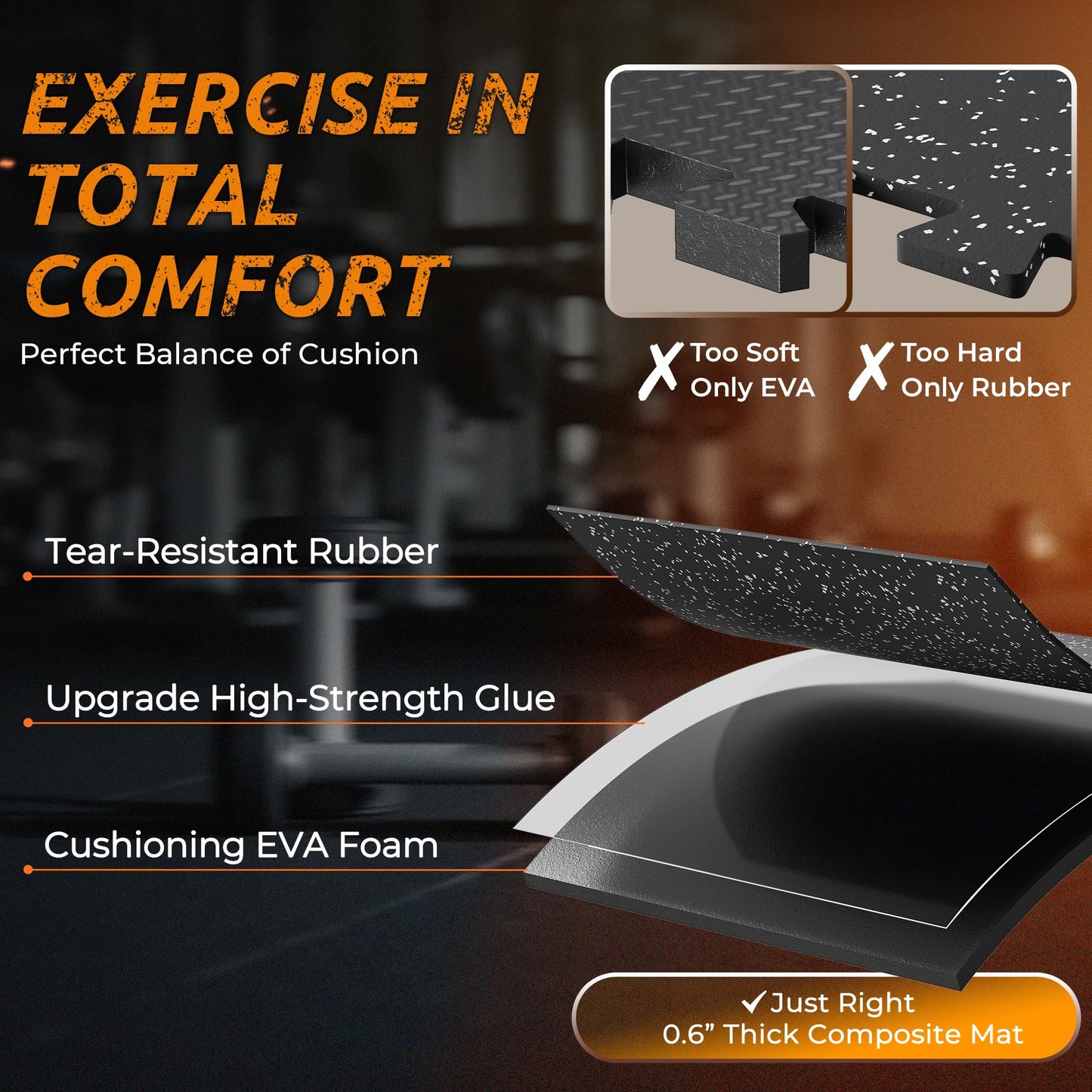 PRAISUN 0.6" Thicker Rubber Top Gym Flooring for Home Gym, 12 Pcs 48 Sq Ft Workout Mats, Exercise Mat, Interlocking Rubber Floor Mats with High Density EVA Foam for Garage, 24 x 24in, Black/Grey