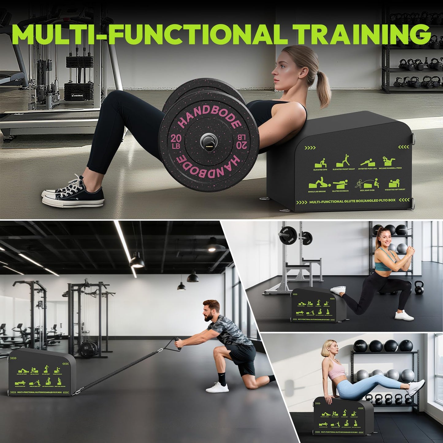 HANDBODE Hip Thrust Bench, Multi-Functional Slip-Free Hip Thrust Machine for Glute Bridge, Box Jump, Push-Ups, Squat, Ab Exercise, Suitable for Home & Gym, Black/Green