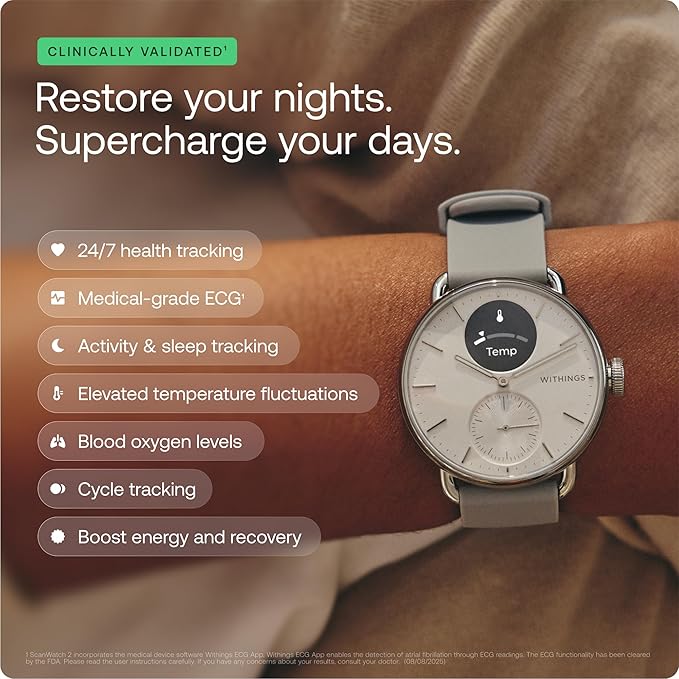 Withings ScanWatch 2 - Hybrid Smart Watch, Heart Rate Monitoring, Fitness Tracker, Cycle Tracker, Sleep Monitoring, GPS Tracker, 30-Day Battery Life, Android & Apple Compatible, HSA/FSA