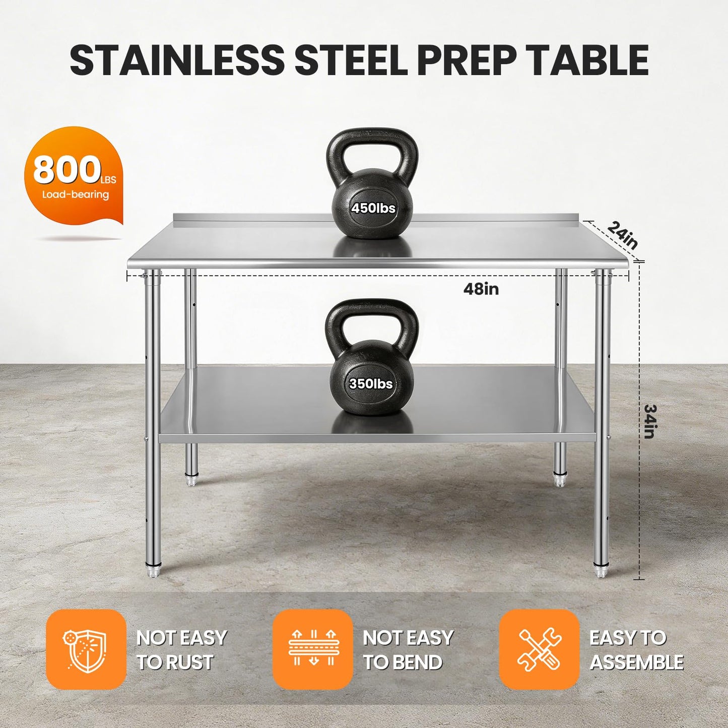 Kryonix Stainless Steel Work Table for Prep & Work 24x48 Inch, NSF Commercial Kitchen Heavy Duty Prep Table with Adjustable Undershelf for Kitchen, Restaurant, Home & Hotel