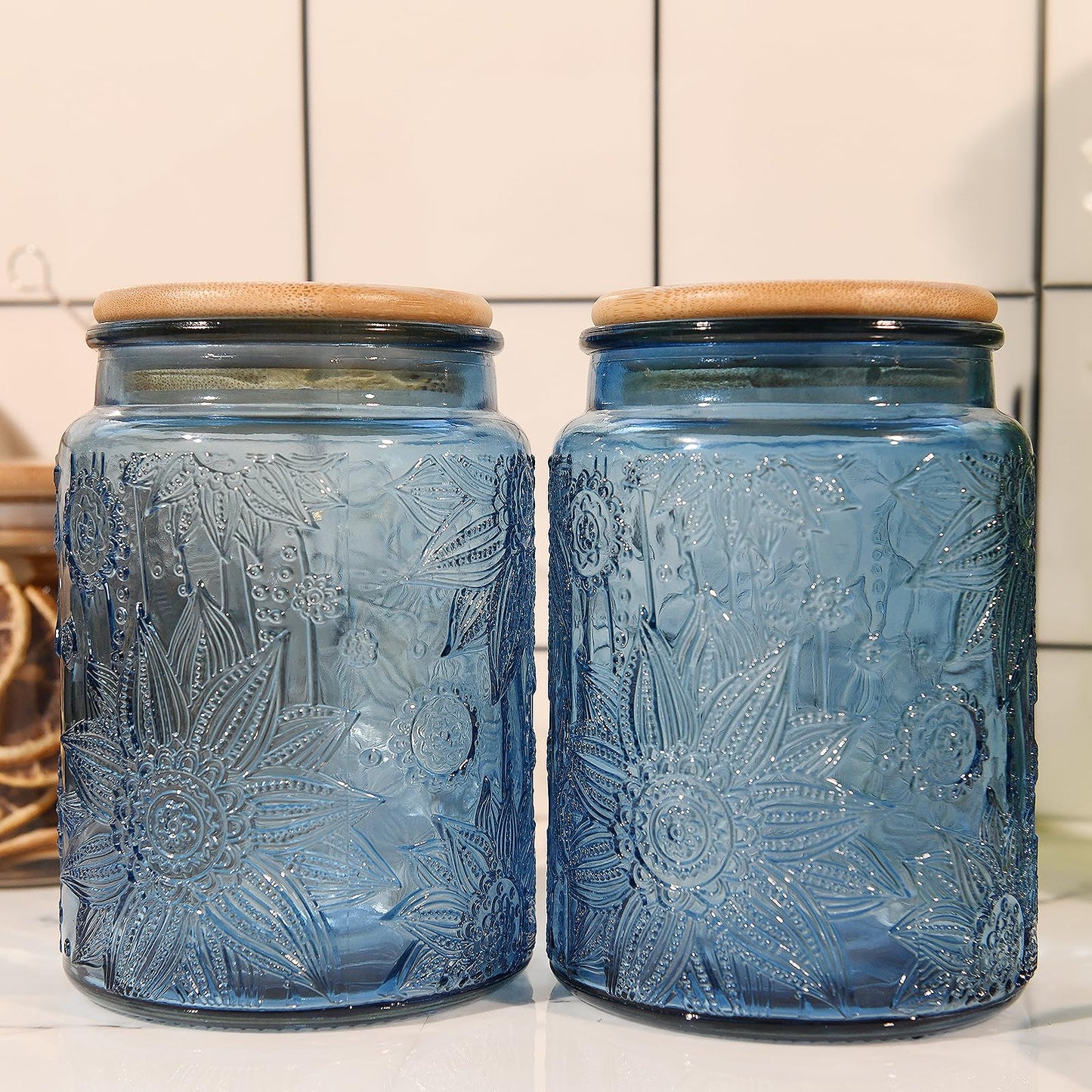 Custde Glass Storage Jars With Airtight Lid, 23.7oz Canister For Kitchen Counter with Bamboo Lid, brown sugar, candy, coffee, cookie, salt, tea,pantry cute Jar (Blue 2-Pack, 23.7 fl oz)