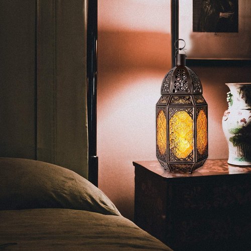 Lewondr Metal Glass Ramadan Candle Lantern - Moroccan Style Hanging Lamp for Home & Garden | Copper & Yellow