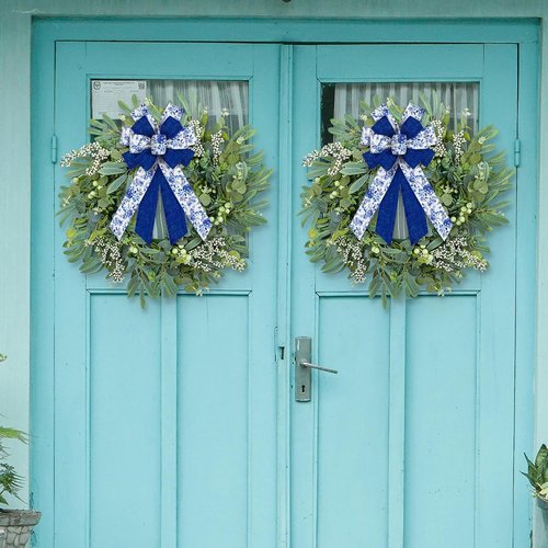Chinoiserie Blue Bow by Large Spring - Wired Burlap Wreath Accent for Indoor/Outdoor Decor | 11.42x20.87 Inch