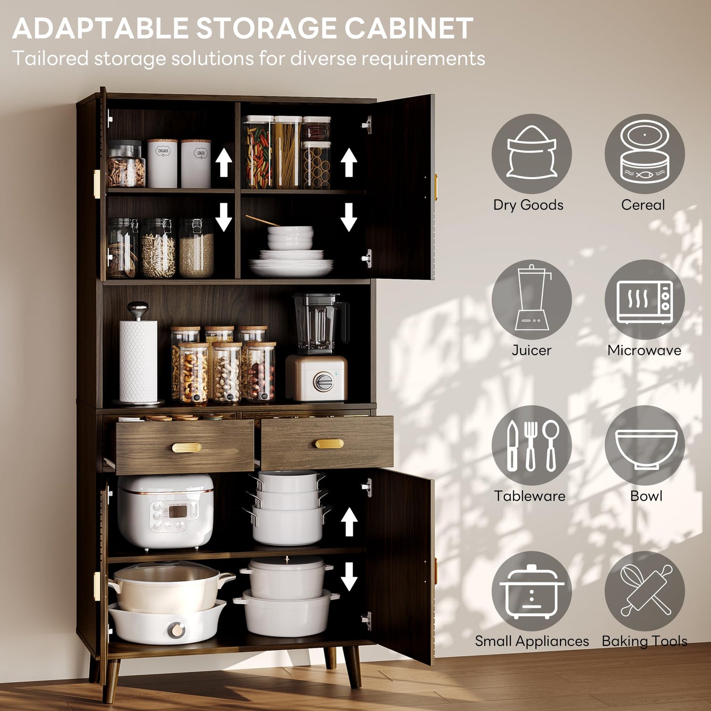LIKIMIO 71.6" Tall Kitchen Pantry Cabinet, Walnut Mid-Century Hutch Cabinet with Storage- 3 Adjustable Shelves, 2 Drawers, Multi-Room Pantry