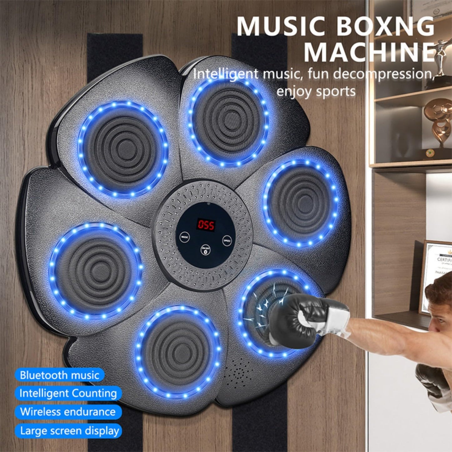 Workout Smart Bluetooth Music Boxing Machine Wall Mounted Interactive Punching Pad with Boxing Gloves Reaction Speed Training Improve Hand Eye Coordination Fun Fitness Wholesale for Adults and Child