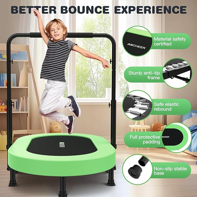 ANCHEER 56'' Foldable Mini Trampoline with Adjustable Handle - Indoor/Outdoor Rebounder for Kids & Toddlers Safe Oval Fitness Trampoline with Bar for Home Fun