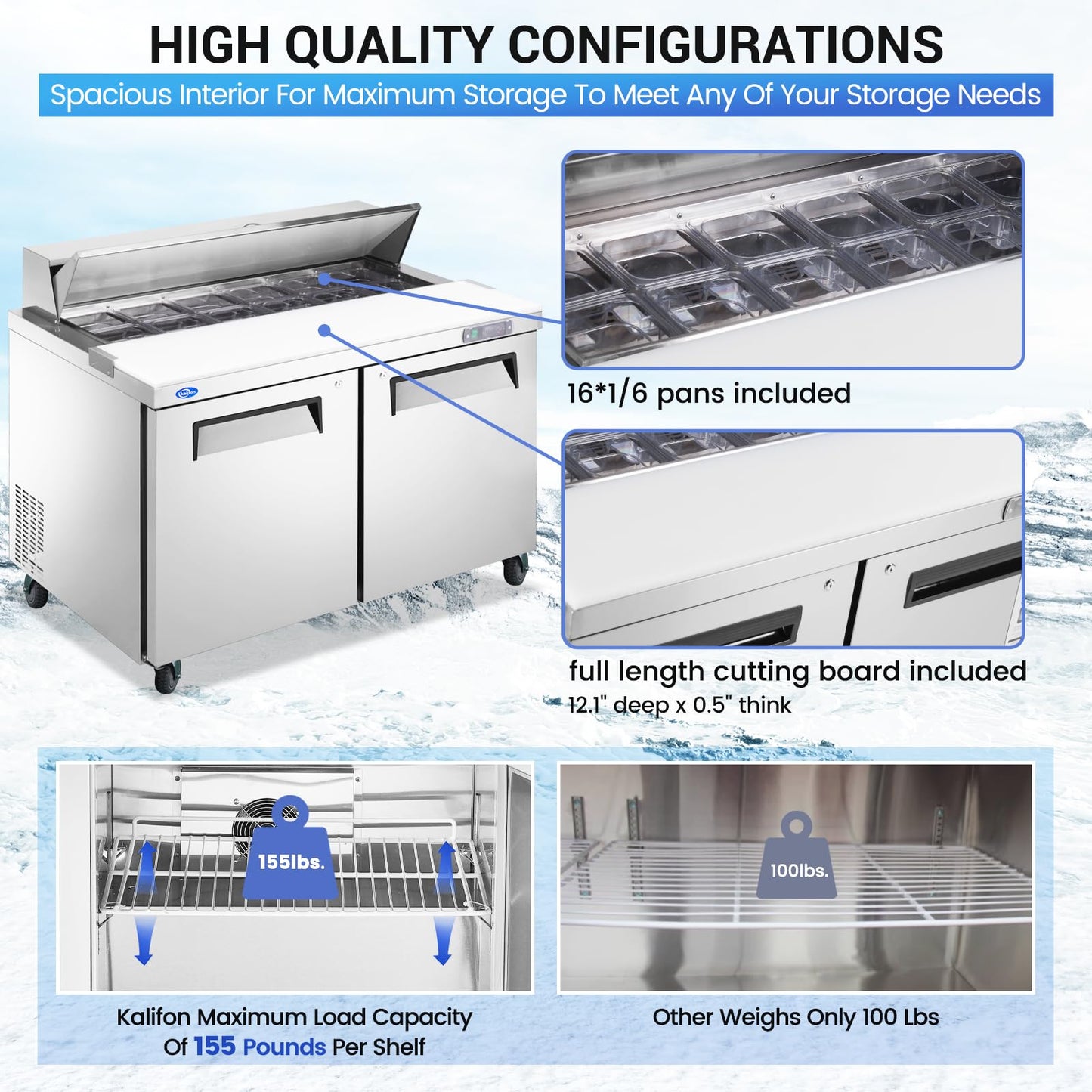 kalifon 60" W 2 Door Refrigerator Sandwich Salad Prep Table Commercial Stainless Steel Fan Cooling Refrigerator with Cutting Board, 2 Shelves & 16 Pans for Restaurant, Bar, Shop-16.4 Cu.ft