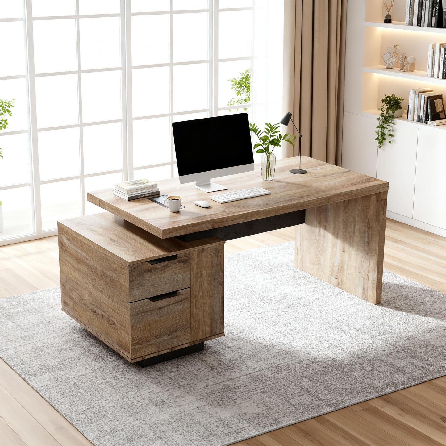 GT BLACK TURNSTONE Large Executive Desk 62.99" or 70.87", Modern Home Office Desk with 2 Drawers & Cable Management, Dual-Size Design Adapts to Any Layout for Home or Business (TH-X, Left)