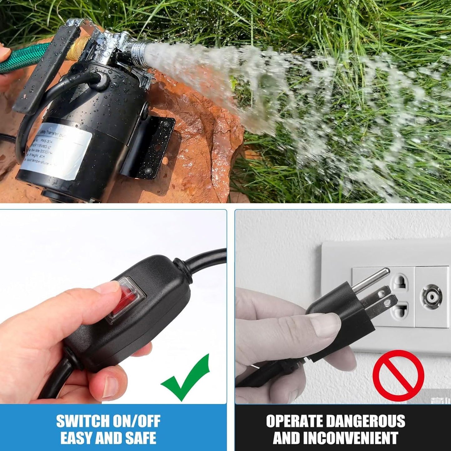 Water Transfer Pump, 115V 1/10HP Electric Utility Pump with On/Off Switch 2 * 6 ft Water Hoses Kit for Removing Water from Garden Pools Aquariums Hot Tub Draining 1/8’’ Low Suction for Rain Barrel