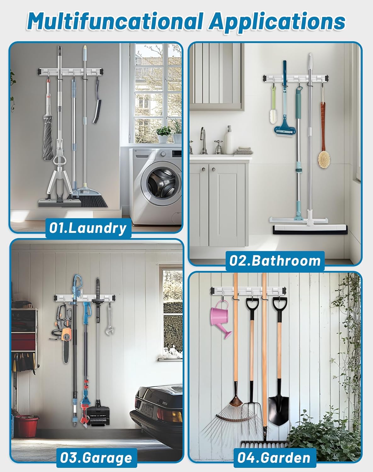 Skiennix Mop and Broom Holder - Wall-Mounted Organizer with Movable Hooks | Modern Aluminum Alloy, Black