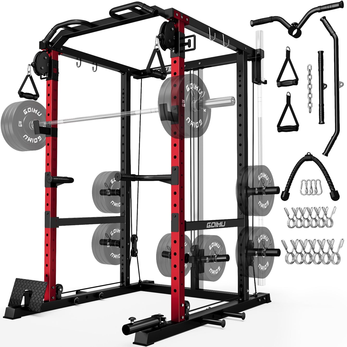 Goimu R1-V4 Power Cage Rack, 2000LB Squat Rack with Cable Crossover System, Multi-Function Weight Cage, Home Gym Workout Machine with More Training Attachments (Red R1 Power Cage)