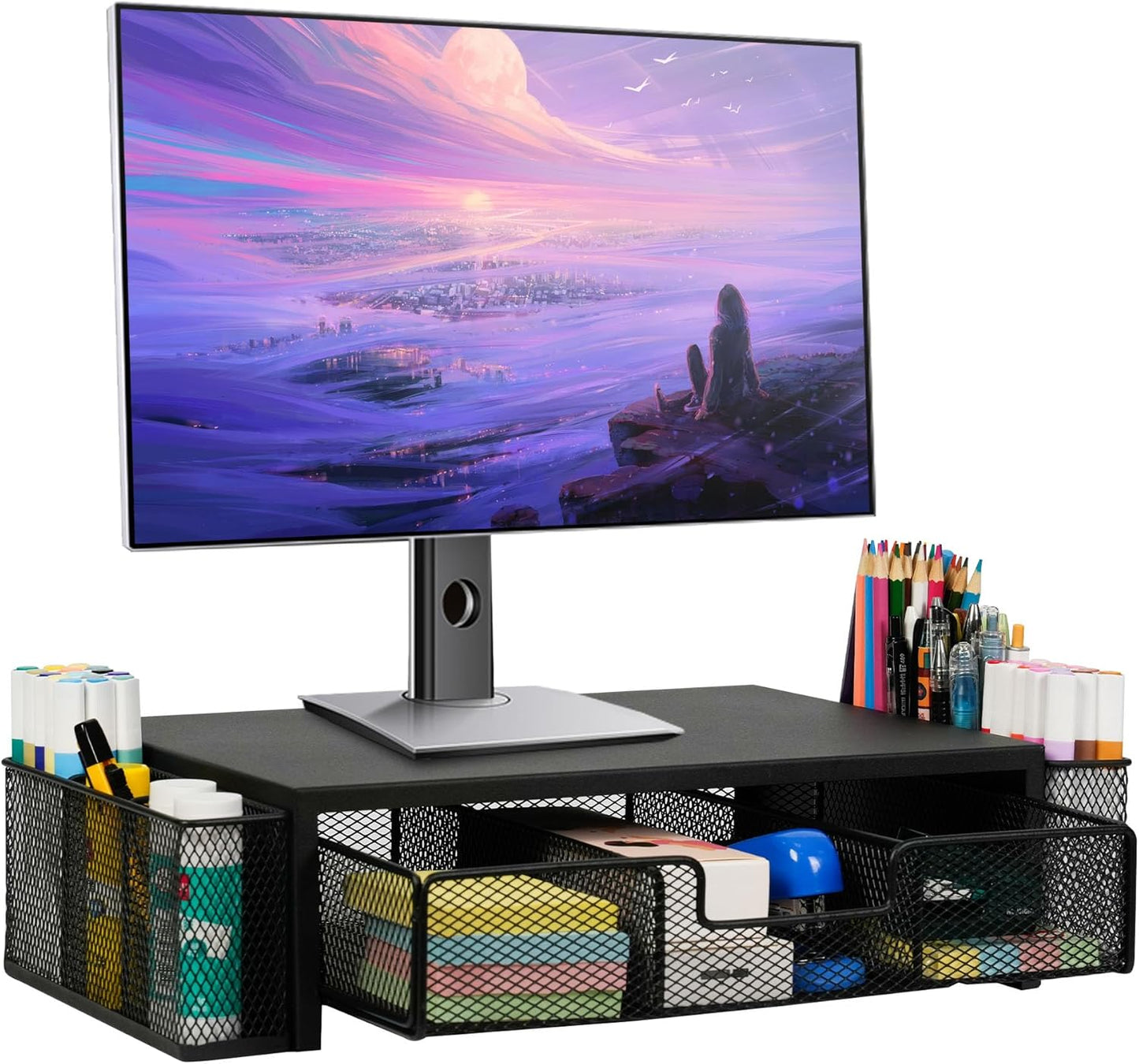 Qupui Computer Monitor Stand Riser with Drawer and Pen Holders, Desk Organizer Shelf and Accessories, Office Desk