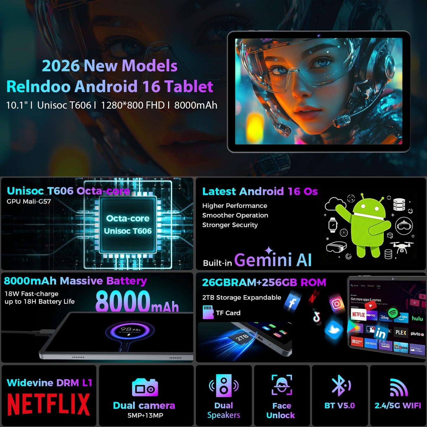 2026 Gemini AI Android 16 Tablet, 10 inch Tablet with Keyboard, 26GB+256GB (2TB Expand), 2-in-1 Tablets with 8-Core, 5G WiFi, 8000mAh, GMS, GPS, Electronic Tablets PC with Mouse, Case, Stylus (Silver)