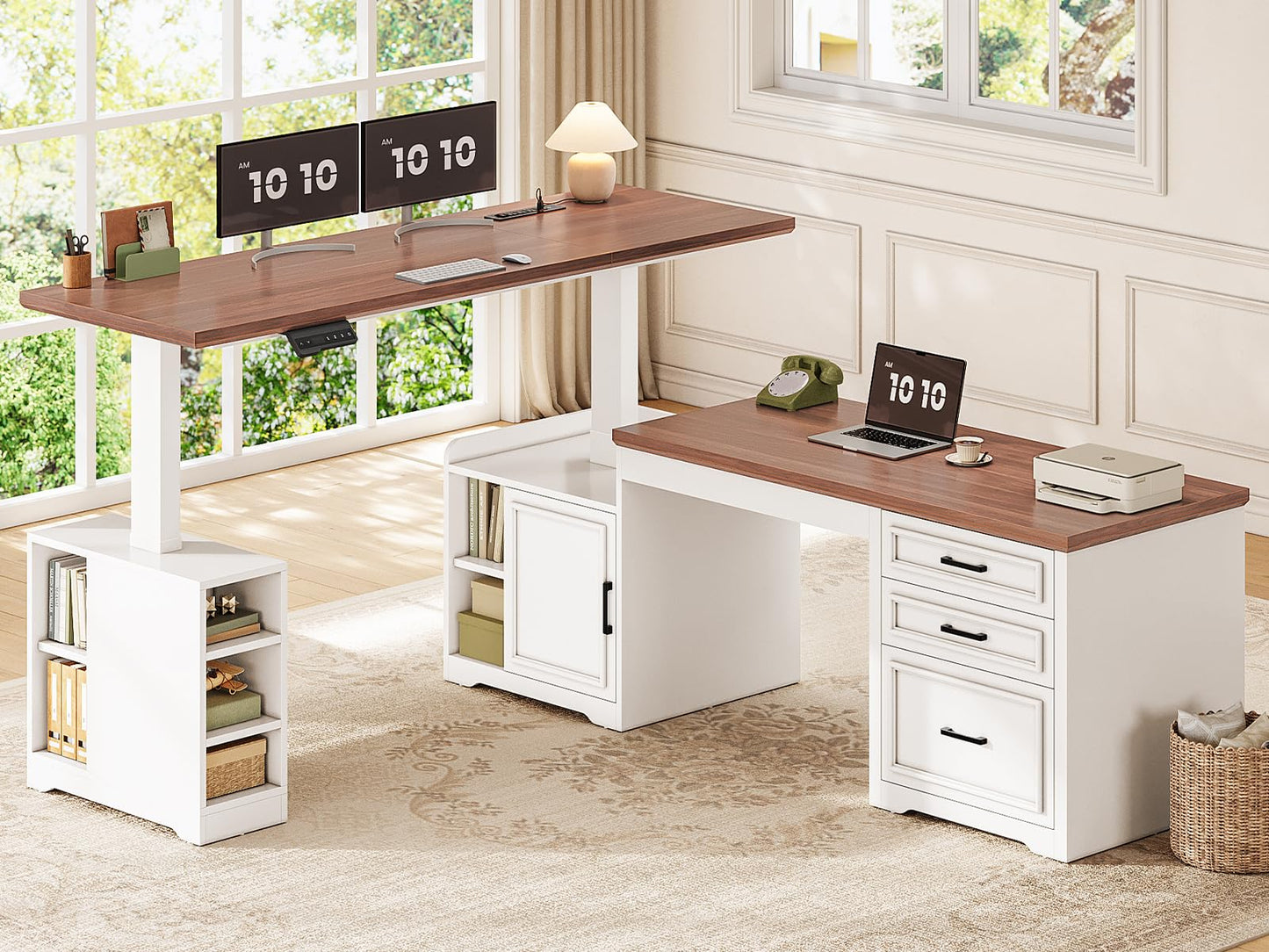 SEDETA Farmhouse L Shaped Electric Standing Desk, 63" x 67" Height Adjustable Home Office Executive Desk with Drawers, Standing Computer Desks with Power Outlet for Home Office, White+Brown