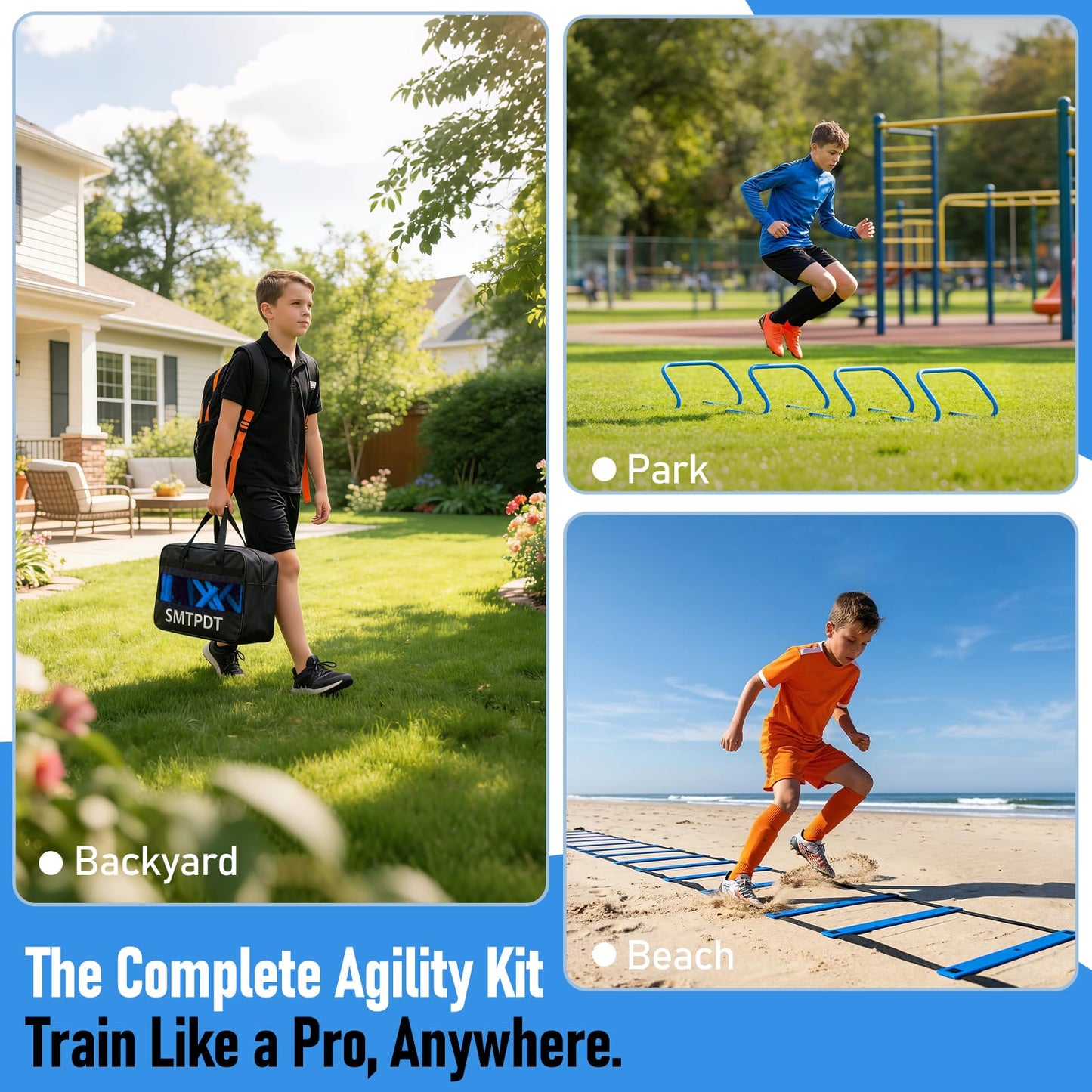 SMTPDT Speed and Agility Training Equipment: 5 Adjustable Agility Hurdles. 20ft Agility Ladder, Soccer Training Equipment Set for Kids Youth Adults (Blue)
