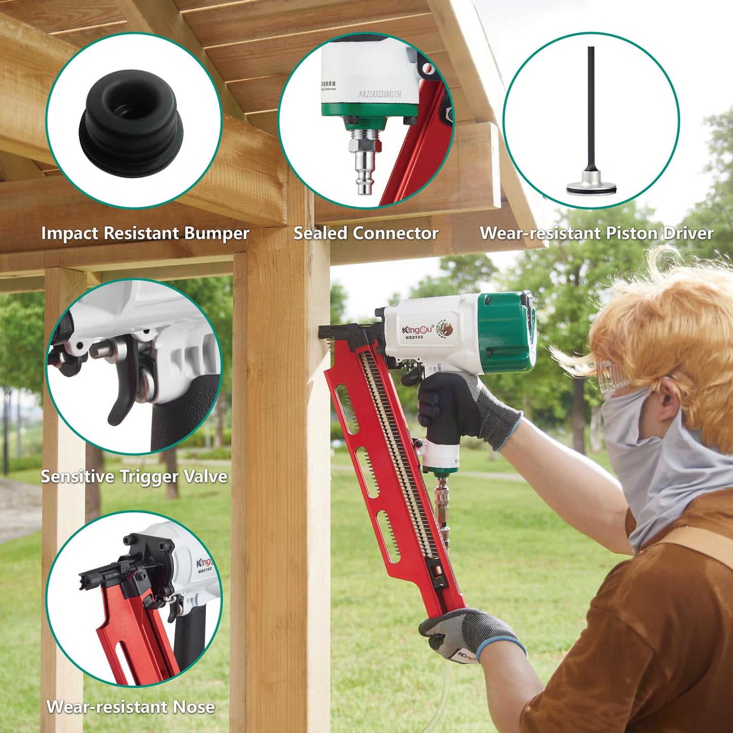 KingOu Mexican Style NR2183 21 Degree Aluminum Magazine Framing nail gun, Pneumatic Framing Nailer, 2-Inch up to 3-1/4-Inch Plastic Collated Full Head Framing Nails, Framing, Wooden House Building