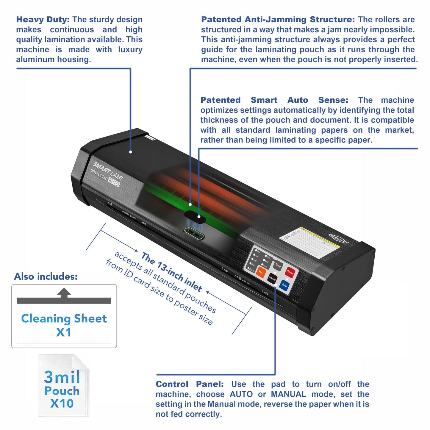 SINCHI Auto Sense 13" Heavy-Duty Laminator for Business & School, 3–10 Mil, 50s Warm-Up, 17s/Sheet, Works with Cardstock & Dark Prints, Never-Jam, Laminates 11x17, Includes 10 Sheets