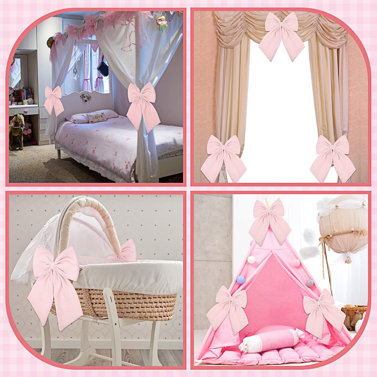 Riceshoot 4 Pcs Large Crib Bows 11 x 16 inch Coquette Bow Decorations for Nursery Crib Canopy Bed Large Bow Room Nursery Decor Infant Bassinet Bedroom Decor for Gender Reveal Gifts (Pink)