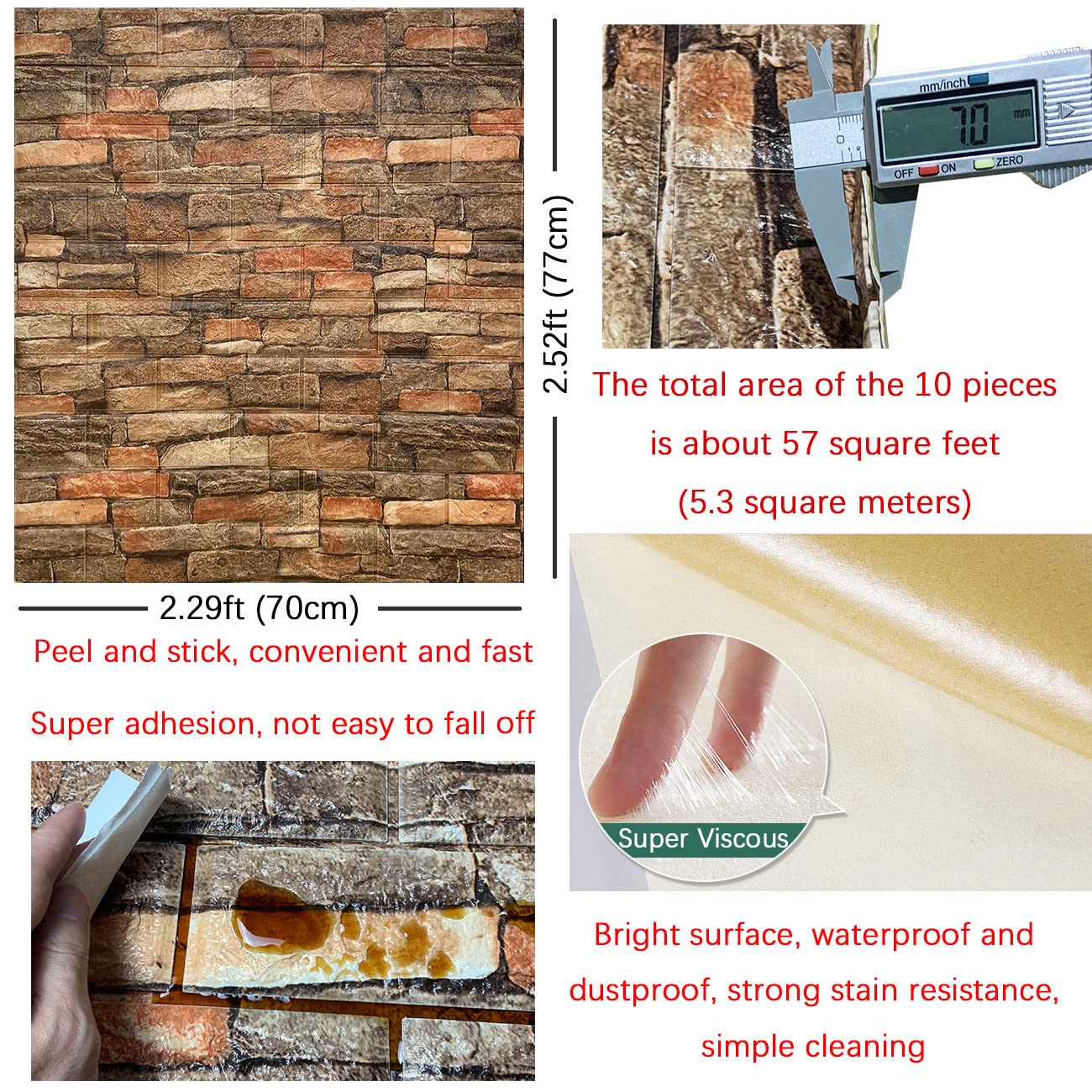 Yutianli 7mm Thick Anti-Collision self Adhesive 3D Wall Panels Peel and Stick,10-Pack 57 Sq.Ft Antique Faux Brick Wall Panels Foam Faux Stone Wallpapers for Bedroom (10, Style A)