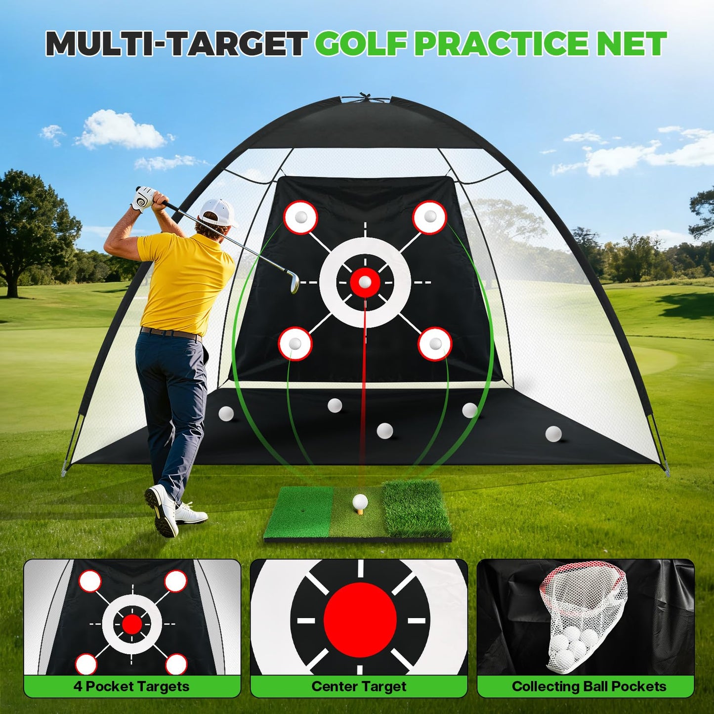 Golf Net 10x7FT All-in-One with Tri-Turf Practice Mat, Ball, Target & Carry Bag, Backyard & Indoor Outdoor Golf Hitting Net for Driving, Chipping, Swing Training, Golf Gift for Men, Dad, Him, Golfer