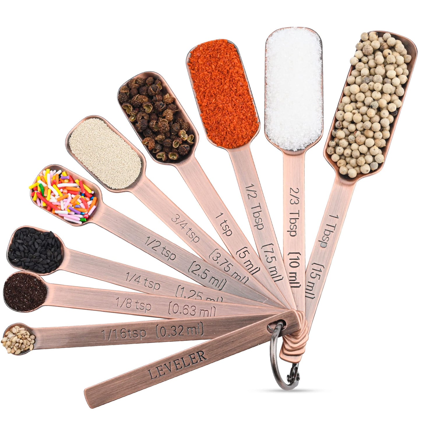 zoyizi Copper Measuring Spoons Set 10, Stainless Steel Measuring Spoons for Kitchen & Baking, Long Handle Metric & US Metal Measure Spoon with 1/16tsp, 3/3tsp, 2/3tbsp for Spice Jar