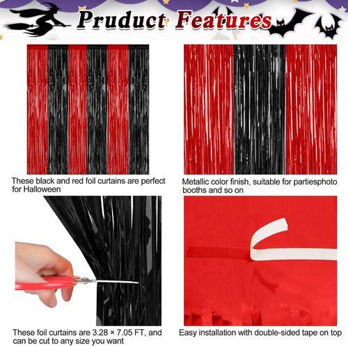 8 Pack Halloween Party Supplies - Red & Black Foil Streamer Tinsel Backdrop | 3.28 FT x 7.05 FT