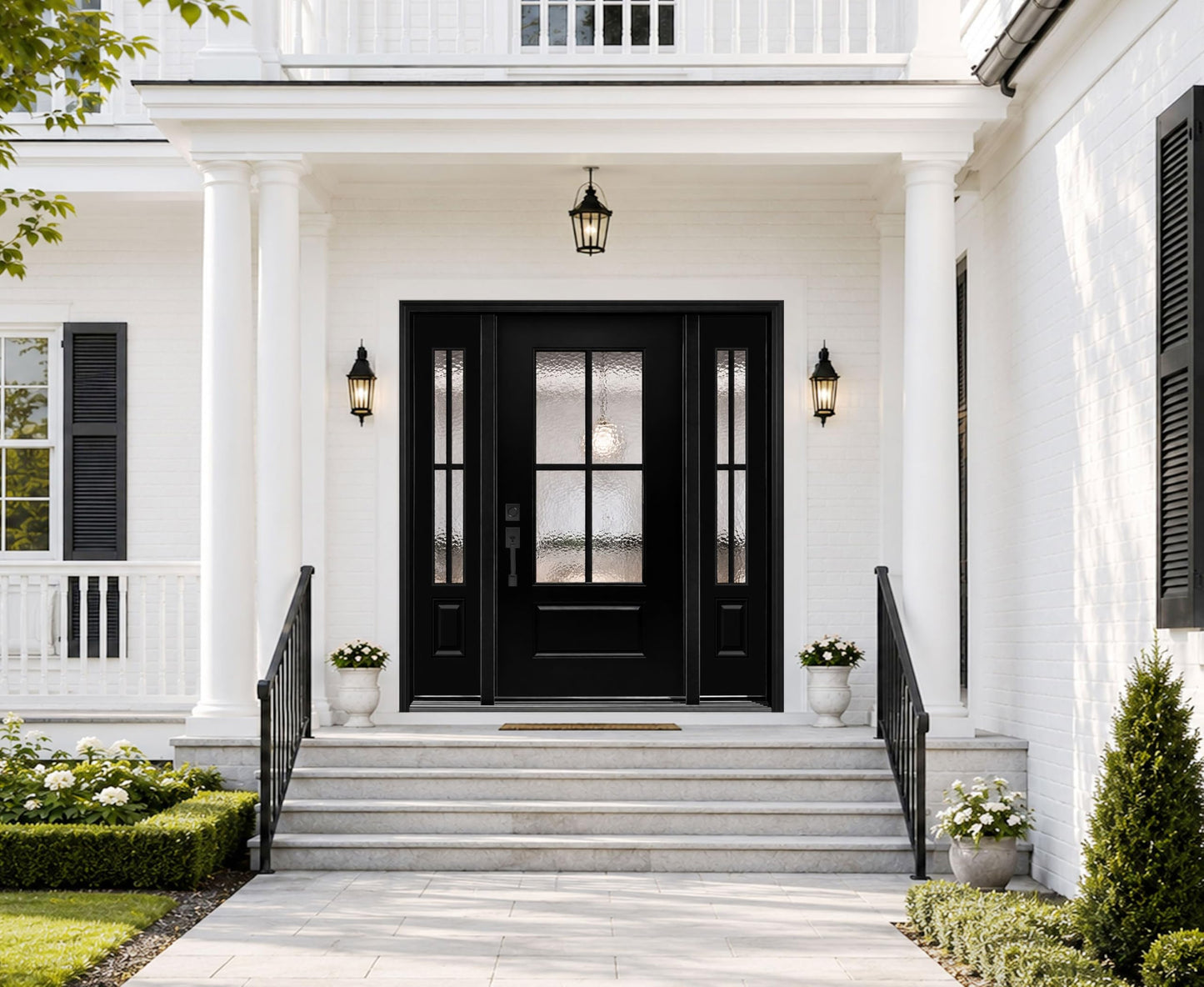 Front Entry Door with 14 in. Sidelite, 68 x 80 Smooth Black Fiberglass Door, 4-Lite Hammered Glass Transitional Design, Right-Hand Inswing