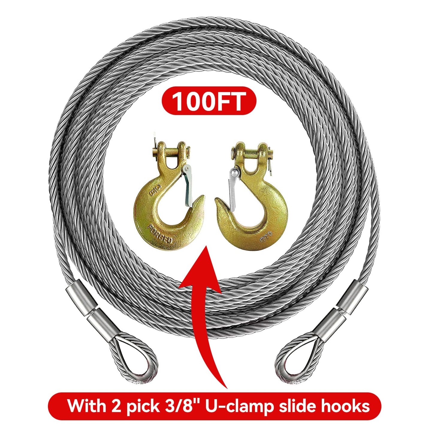 Winch Cable,Towing Cable Heavy Duty,with 2 Pick 3/8" U-clamp Slide Hooks,3/8 inch 7x19 Stranded Construction,13980 lbs Breaking Strength 100 Feet