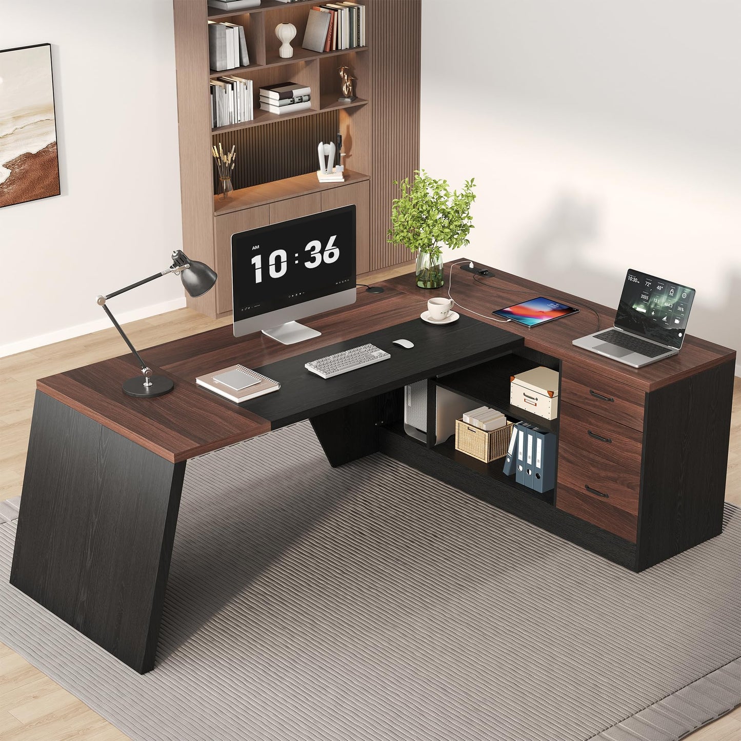 Epecoya L-Shaped Executive Desk with Drawer, 78-Inch Large Home Office Desk with Cord Hold and Power Outlet, Modern Computer Table with Lateral File Cabinet,Open Shelf and PC Stand, Walnut Brown Black