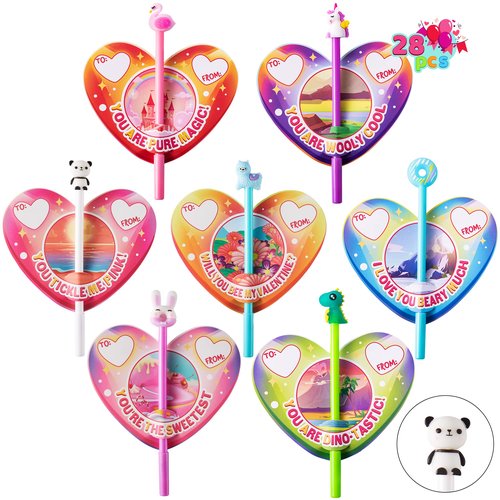 JOYIN 28 Packs Valentine Animal Pen with Greeting Cards, Stationery Gift Set for Kids, Classroom Exchange Prizes