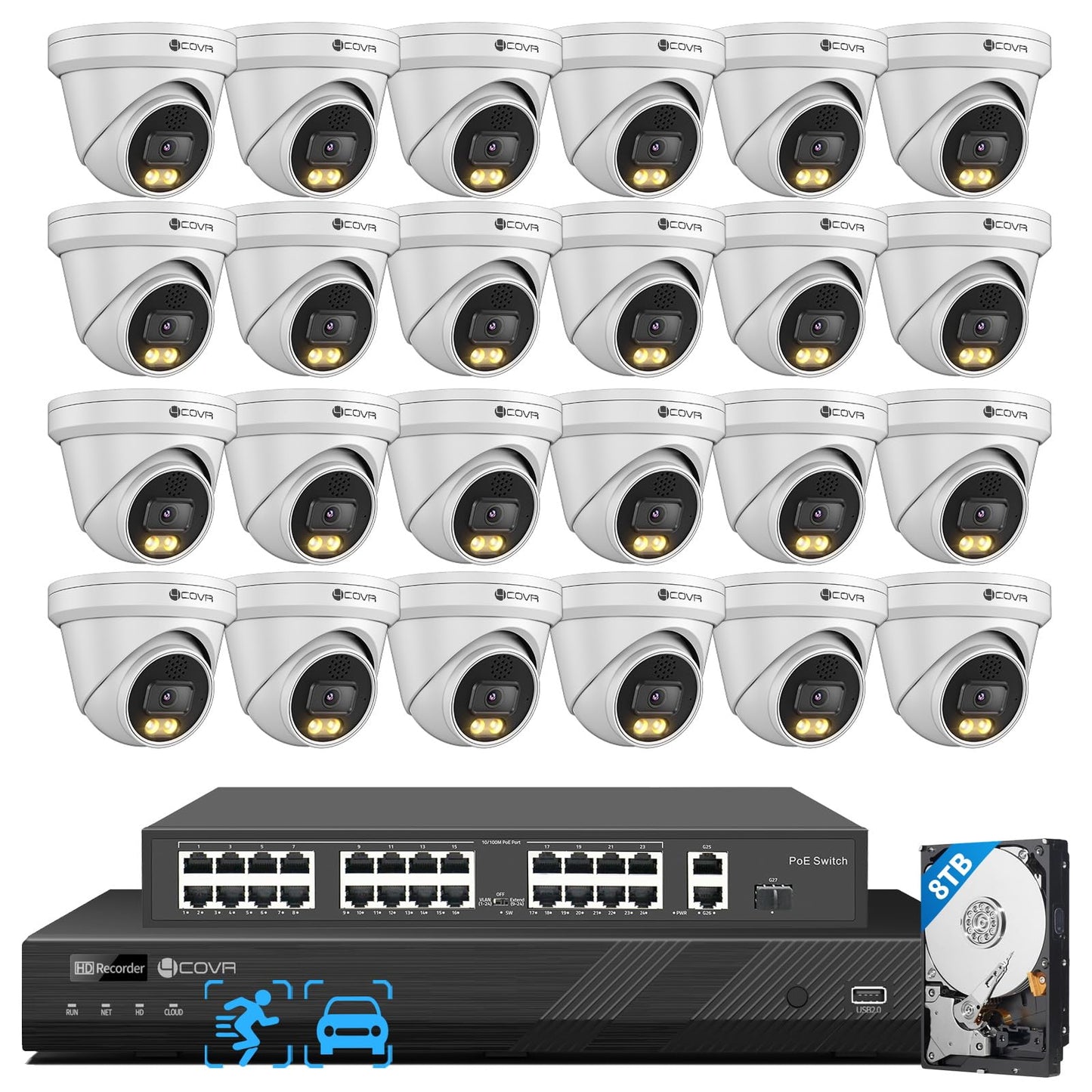 4COVR 32 Channel Security Camera System PoE 2-Way Talk & Dual Lights Smart Full Color Night Vision, AI Human Vehicle Detection, UHD NVR 8TB HDD, 24X 5MP Business Dome IP Camera IP67, LY97KA5M3224