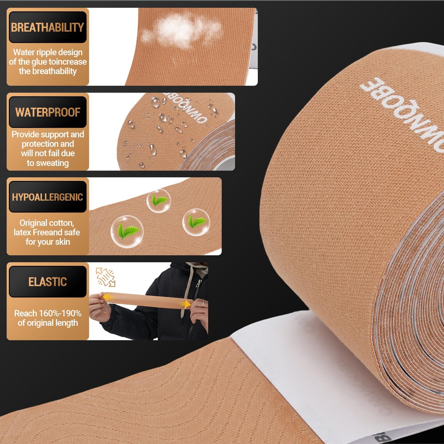 OWNQOBE Kinesiology Tape Precut (2 Rolls, 40 Strips) –Waterproof, Latex-Free Hypoallergenic Athletic Tape for Muscle & Joint Support –Breathable Elastic Sports Tape for Recovery & Shoulder Pain Beige