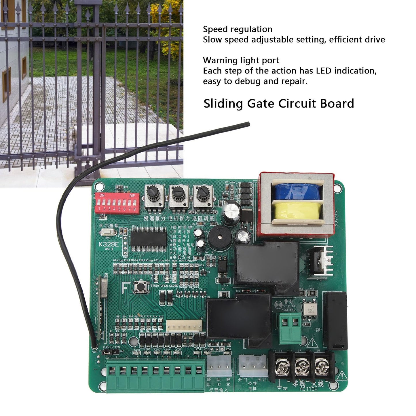 Control Board for Sliding Gate Opener Security Electronic Main Replacement Circuit Control Board with LED Indicators,Sensitive Sliding Gate Motor Control Board (110V)