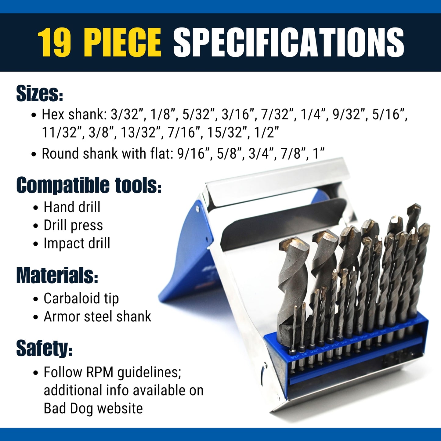 Bad Dog Multipurpose Drill Bits (19 Piece) with Diamond Sharpener Wheel