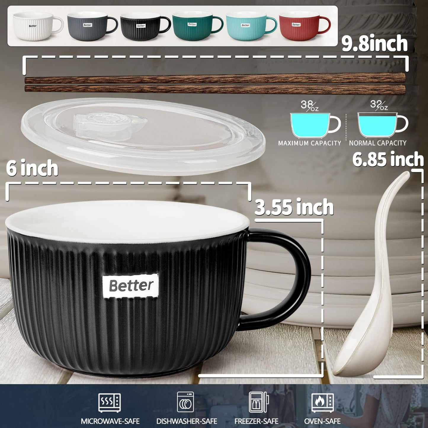 Artena 38 oz Soup Bowls with Handles, Lids, Spoons & Chopsticks – 6 Inch Large Microwave Safe Ceramic Ramen Bowls, Soup Mugs & Cereal Bowls for Instant Noodles, Oatmeal, Meal Prep (Black-Set of 2)