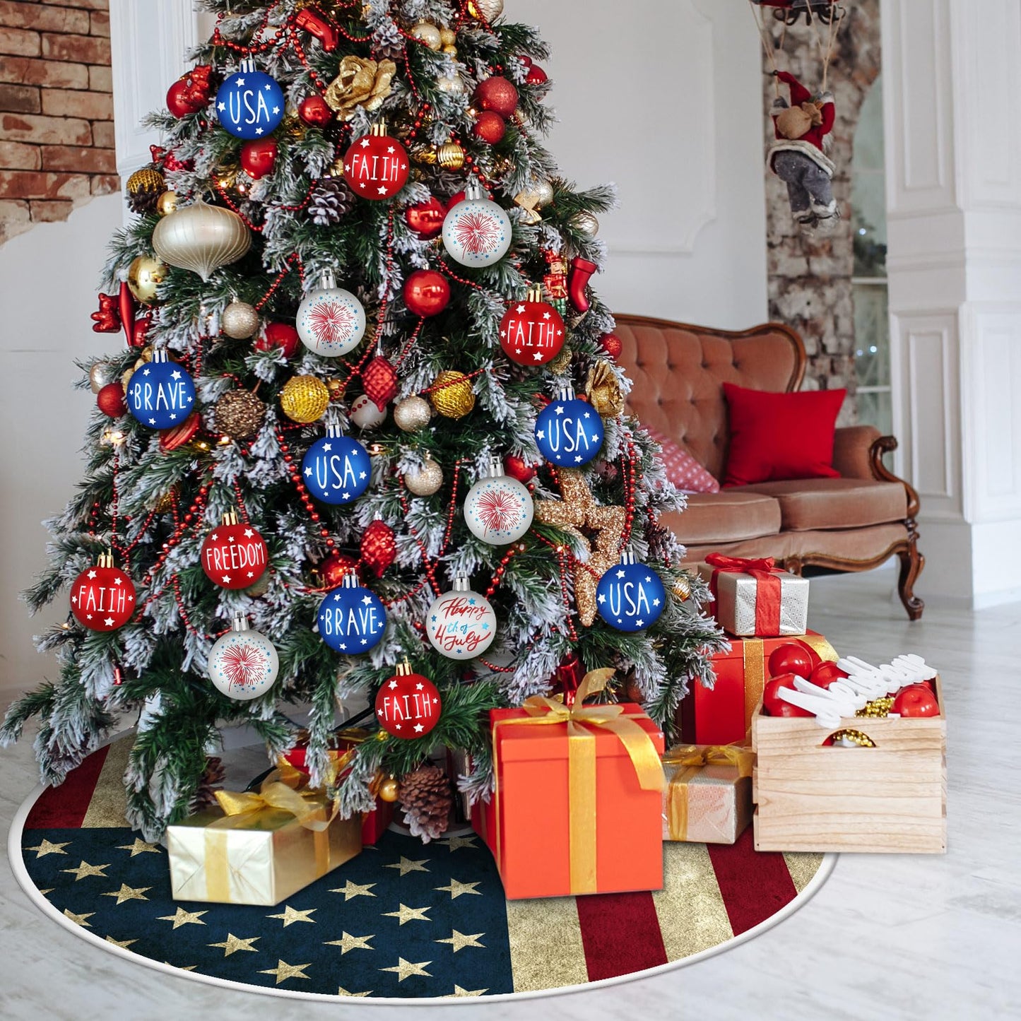 PullCrease 36 Inch Patriotic Tree Skirt Reversible Summer Flamingo Tropical Palm Leaf 250th Anniversary Memorial Day Double Sided Print Mat for 4th of July Summer Tree Decoration