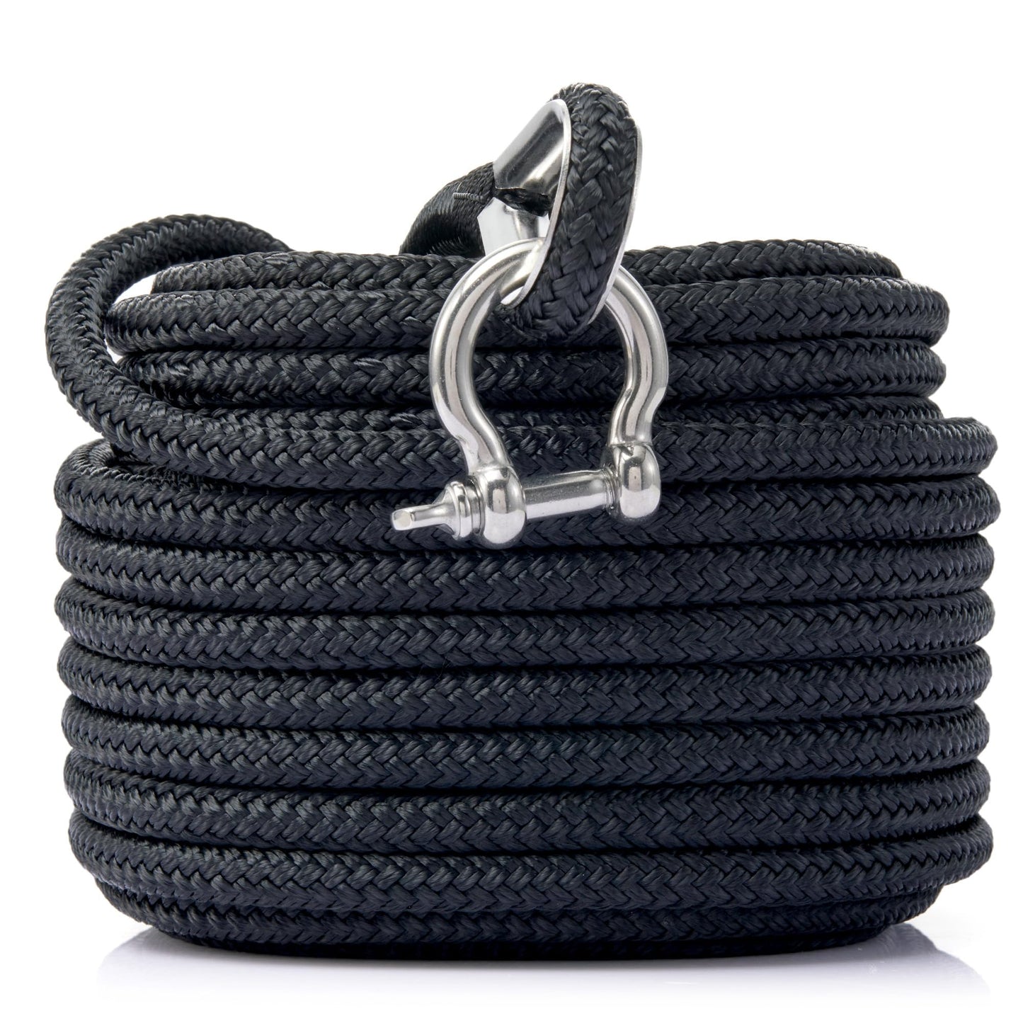 RainierSupplyCo Boat Anchor Rope - Double Braided Marine Rope Anchor Line - 50 ft x 1/4 Inch Nylon Boating Line with 316 Stainless Steel Thimble and Heavy Duty Marine Grade Bow Shackle - Black