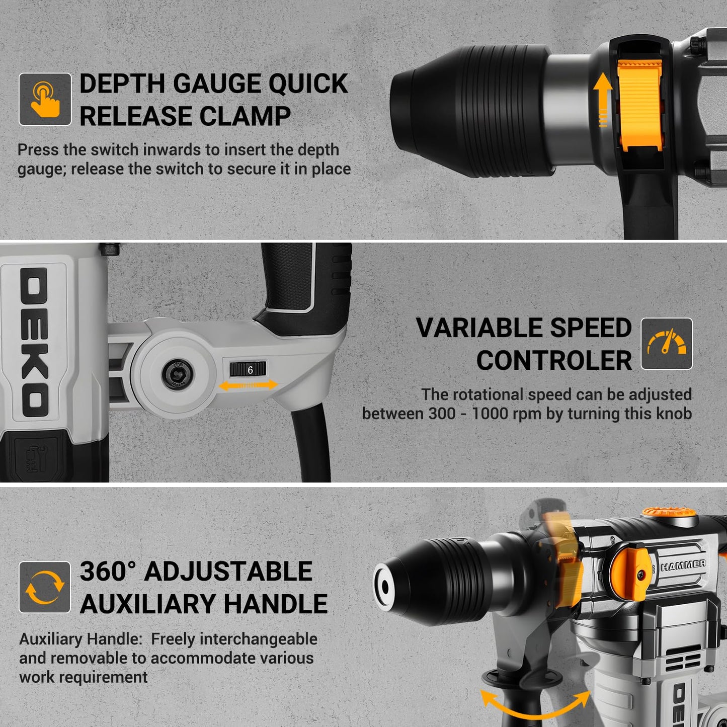 1-1/4 Inch SDS-Plus Rotary Hammer Drill, 12.5Amp Electric Heavy Duty Hammer Drill Corded with 4 Functions, Demolition Hammer for Concrete with Drill Bits and Chisels, Safety Clutch & Vibration Control