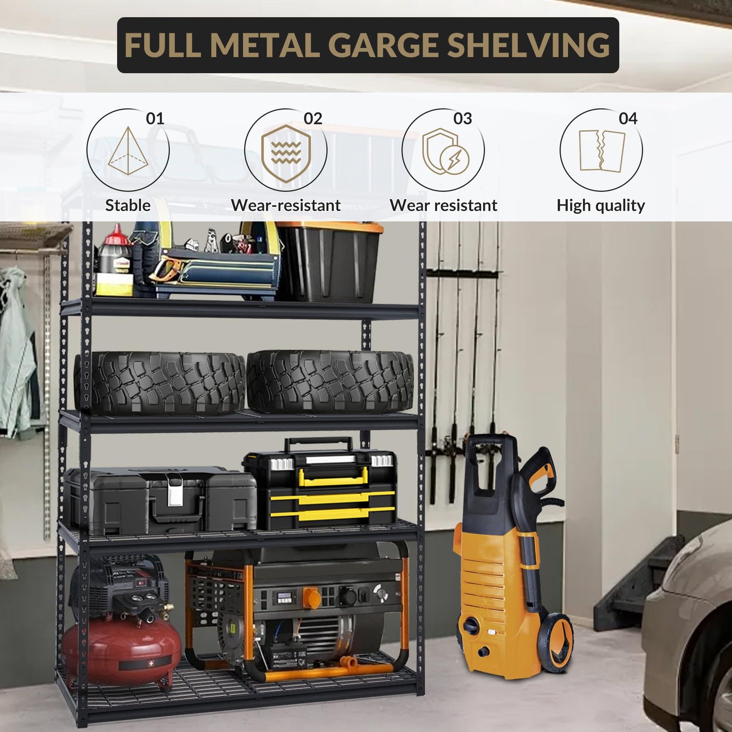 GarveeTech Heavy Duty Garage Shelving Unit, 48 in L x 24 in W x 72 in H Adjustable Storage Shelves, 2500 LBS Load Capacity, Durable Metal Shelves for Garage Organization, Basement, Workshop