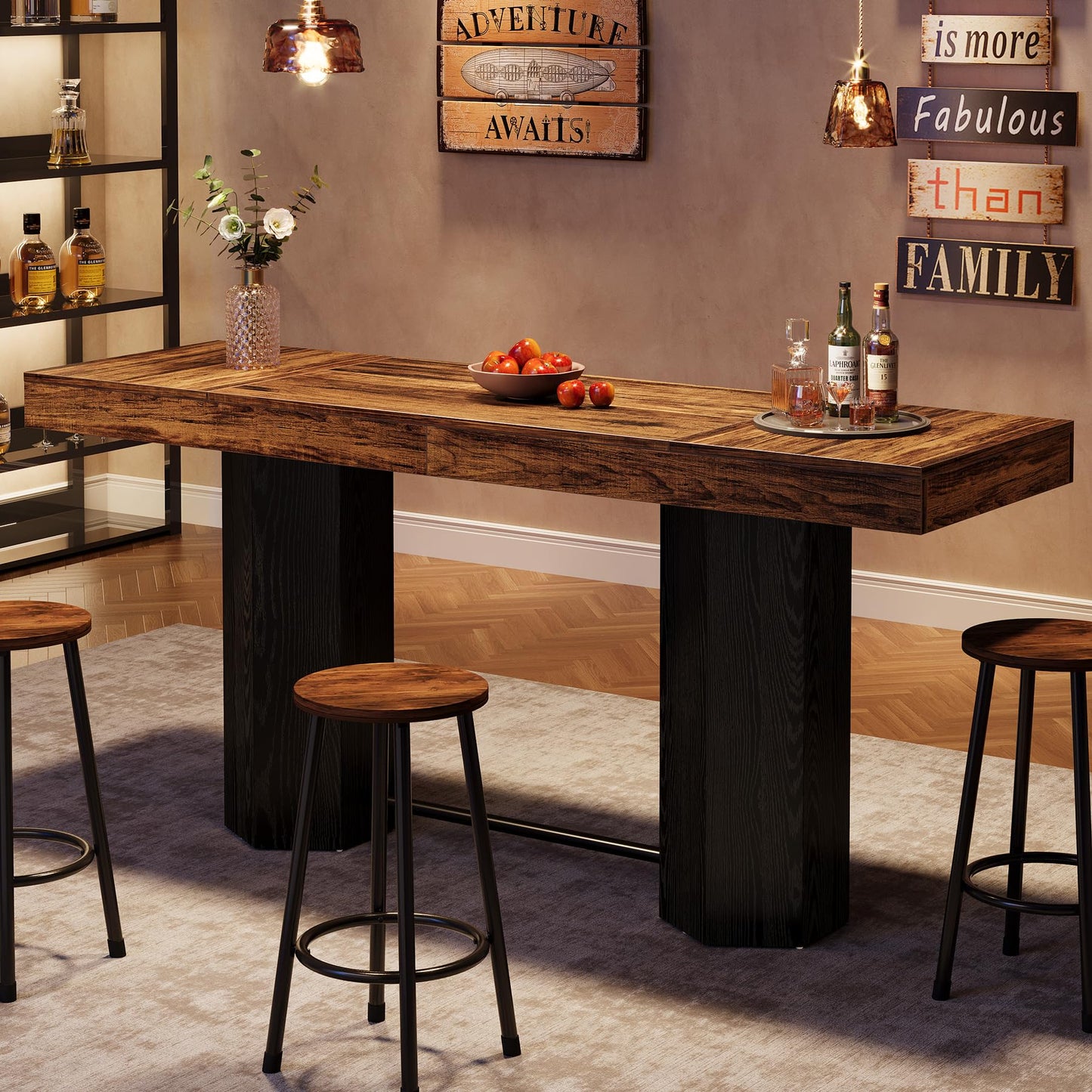 Tribesigns 70.9" Extra Long Bar Table, Industrial Counter Height Table, Rectangular Bar Height Tables with Metal Footrest for Kitchen Dining Room, Living Room, Pub (Rustic Brown & Black)