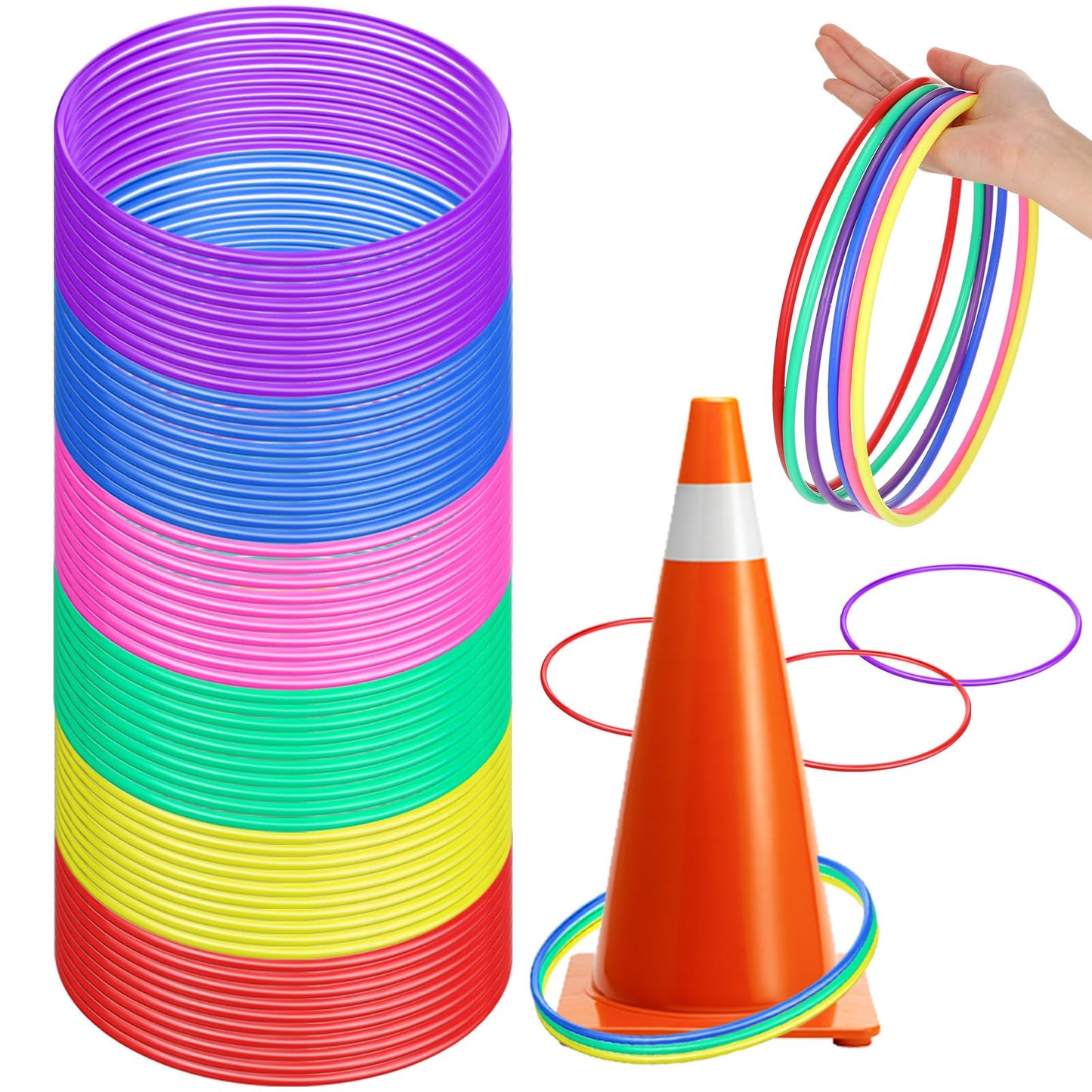 Wettarn 60 Pcs Large Plastic Ring Toss Multicolor Throwing Carnival Rings Speed and Agility Practice Games, Garden Backyard Lawn Outdoor Games(10 Inch,Bright Color)