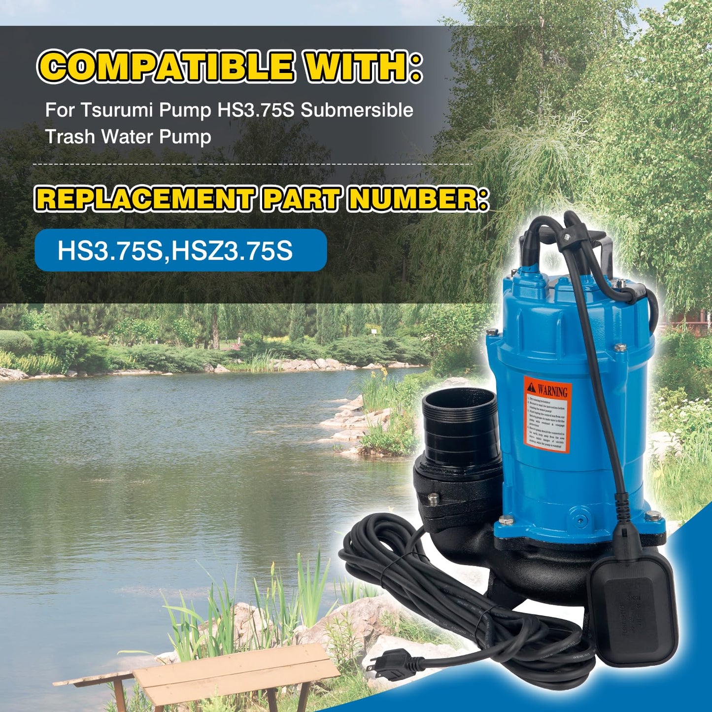 HS3.75S/HSZ3.75S Automatic Electric Submersible Wastewater Trash Pump, 1 HP 115V, Replacement for Tsurumi HS3.75S-62, 61 GPM 3660 GPH, 3'' Straight Male NPT Connection