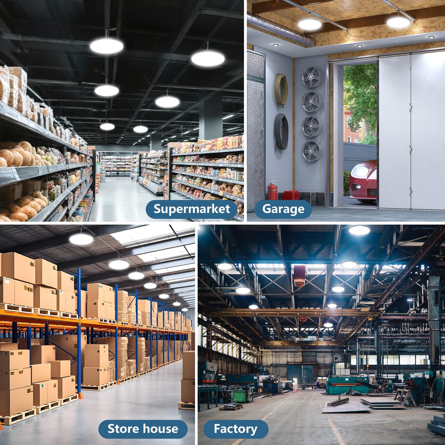 AIKVSXER 6 Pack 300W LED Shop Lights, 45000LM 6000K Daylight UFO LED High Bay Light, IP65 Waterproof Commercial Bay Lighting with Plug for Warehouse Garage Lights Workshop Gym Factory