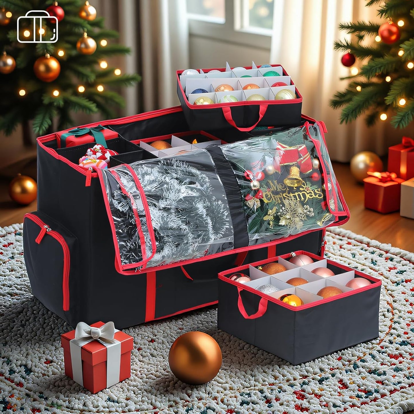Skiennix Large 2-in-1 Christmas Ornament Storage Box - High Capacity, Easy Organization | Protect Holiday Decorations (Black)