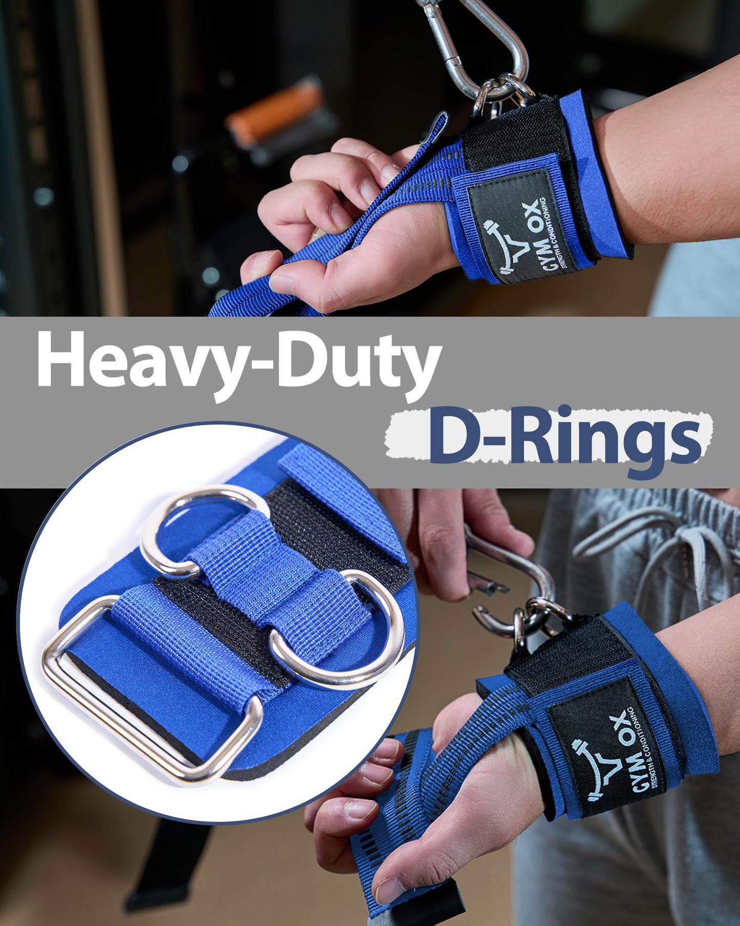 2-in-1 Weight Lifting Straps with D Ring, 7mm Neoprene Padded Wrist Support for Men & Women, Heavy Duty Gym Wrist Straps & Cable Machine Attachment for Gym, Powerlifting, Rows, Pull-ups (Blue)