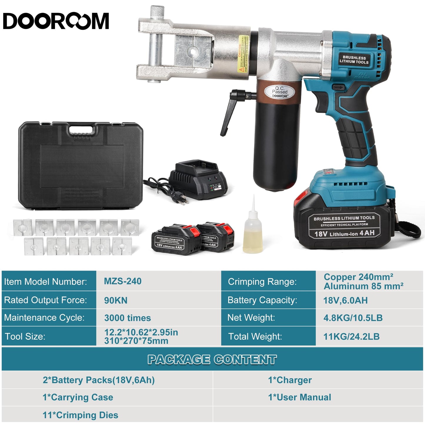 DOOROOM Electric Hydraulic Cable Lug Crimping Tool, 8 AWG to 500 MCM Terminal, Cable, Wire Electric Crimper Tool Kit, Battery Crimp Tool Kits with 11 Dies