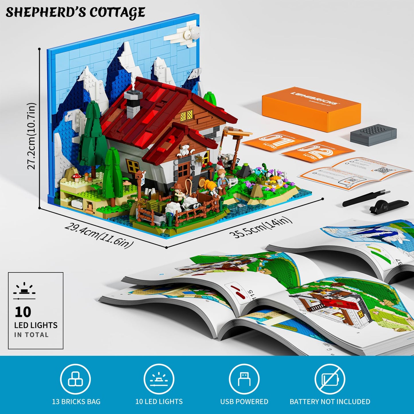 Lumibricks Farm Shepherd's-Cottage Lighting Building-Bricks-Set - Farm Life Sheep Stone House Collection LED Light Cottage Model Display Set 2265 Pcs for Adults