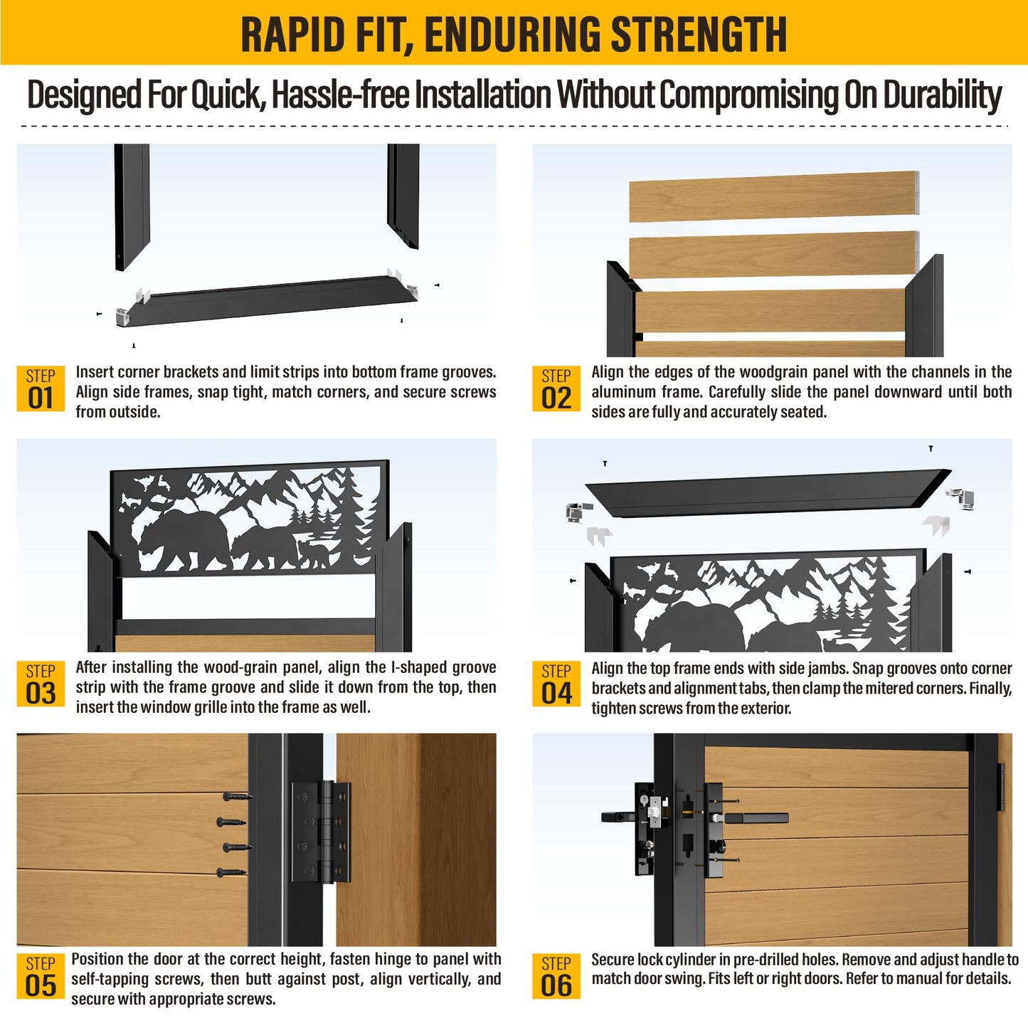Brukid 3x5 FT Aluminum Fence Gate Kit Wood Grain Aluminum Gate with Decorative Cutout, Lock & Hinges, Left/Right Opening, Weather Resistant for Yard Garden Patio